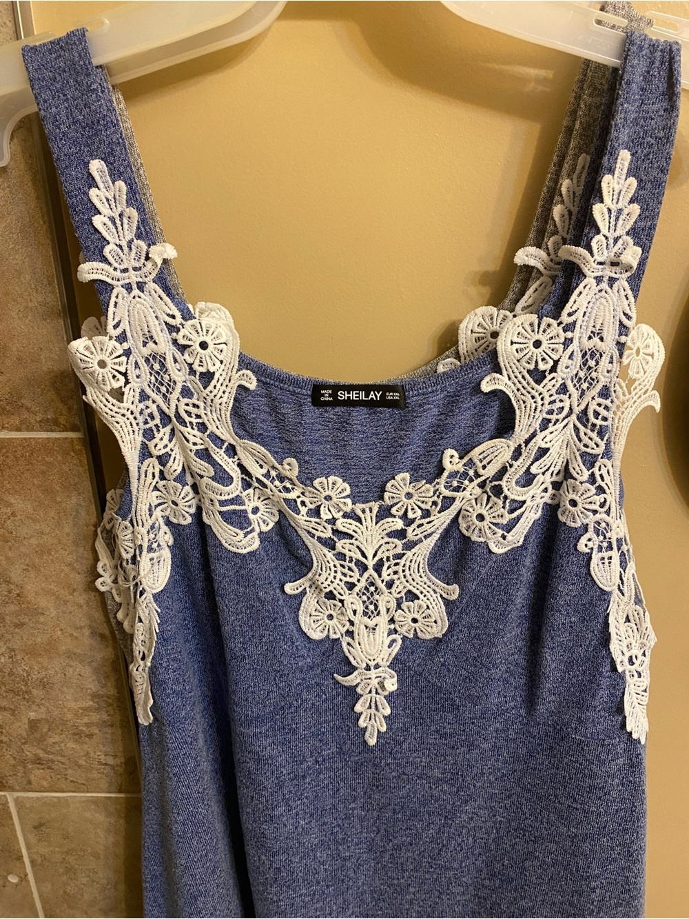 Sheilay Blue Tank Top with White Lace Accent